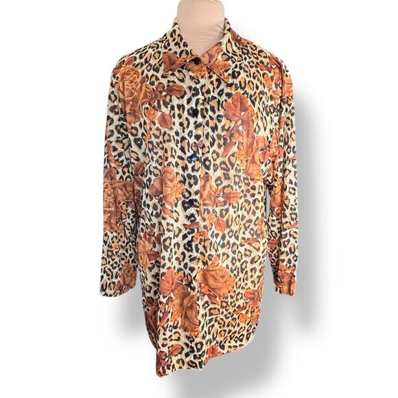 Vintage Leopard Rose Dark Floral Animal Print Button Up Sheer Blouse Plus 2X USA - Picture 11 of 11